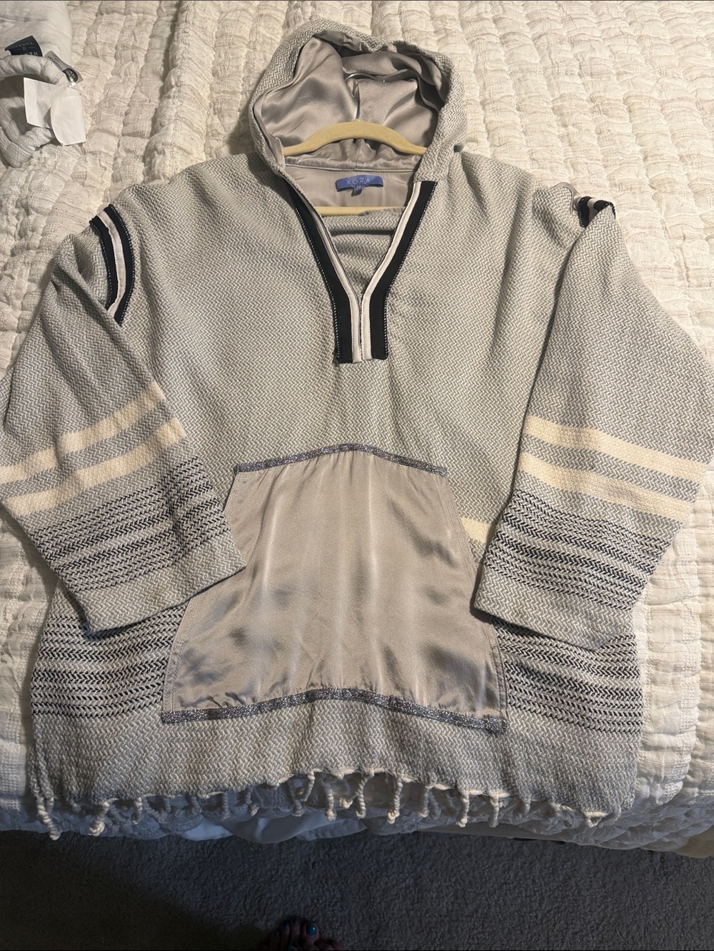 Women’s Hooded Pullover Sweatshirt in Light Gray with Stripe Detail